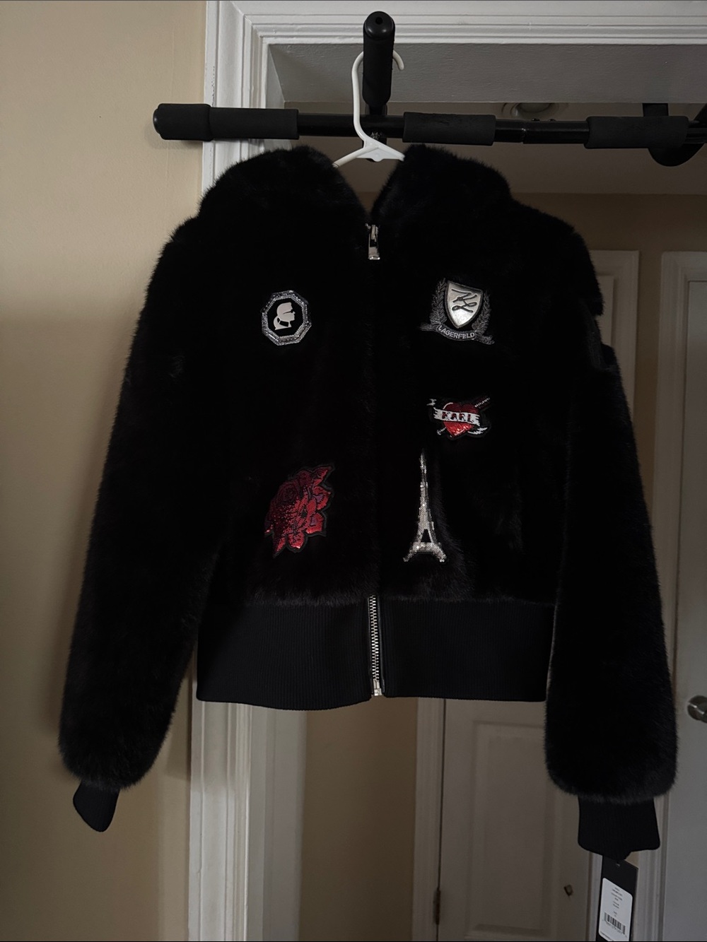 Karl Lagerfeld Black Faux Fur Embroidered Bomber Jacket